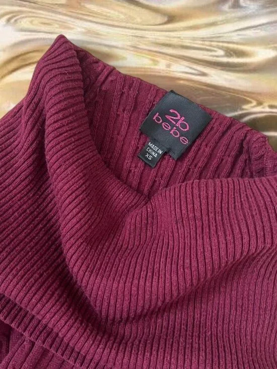 Vintage 2B Bebe Wine Red Knit Sweater Dress ⭐️ Off Shoulder fold over turtleneck - Picture 2 of 5
